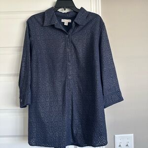 Coldwater Creek Navy Floral Eyelet Top